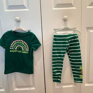 Green Happy Go Lucky T-Shirt and Striped Leggings Set xs 4-5
